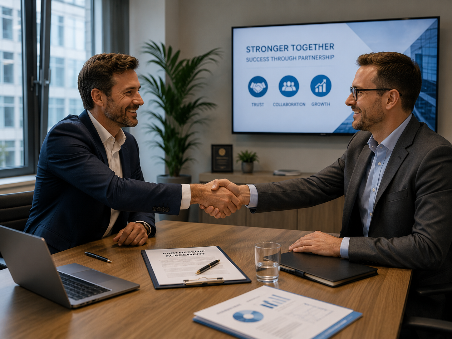 Business handshake and partnership agreement